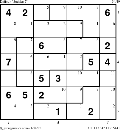 The grouppuzzles.com Difficult Sudoku-7 puzzle for Tuesday January 5, 2021 with all 11 steps marked