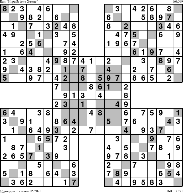 The grouppuzzles.com Easy HyperSudoku-Xtreme puzzle for Tuesday January 5, 2021