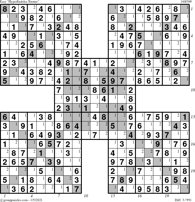 The grouppuzzles.com Easy HyperSudoku-Xtreme puzzle for Tuesday January 5, 2021 with all 3 steps marked