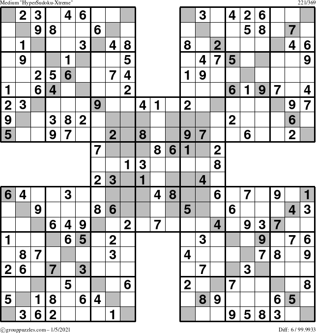 The grouppuzzles.com Medium HyperSudoku-Xtreme puzzle for Tuesday January 5, 2021