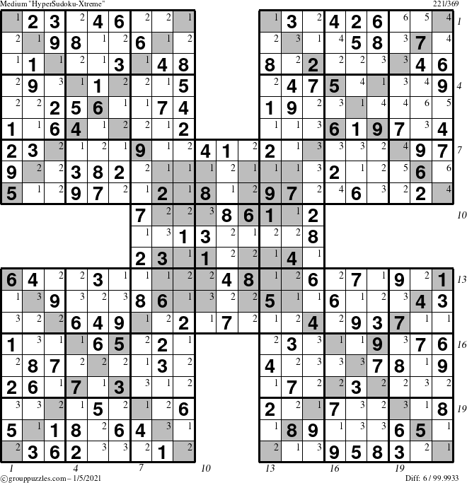 The grouppuzzles.com Medium HyperSudoku-Xtreme puzzle for Tuesday January 5, 2021, suitable for printing, with all 6 steps marked