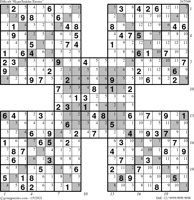 The grouppuzzles.com Difficult HyperSudoku-Xtreme puzzle for Tuesday January 5, 2021 with all 12 steps marked