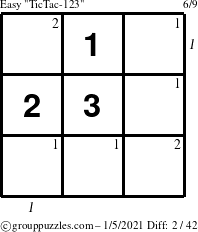 The grouppuzzles.com Easy TicTac-123 puzzle for Tuesday January 5, 2021 with all 2 steps marked