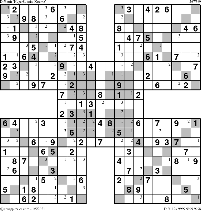 The grouppuzzles.com Difficult HyperSudoku-Xtreme puzzle for Tuesday January 5, 2021 with the first 3 steps marked