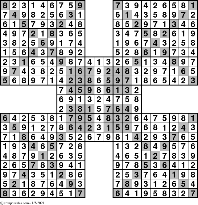 The grouppuzzles.com Answer grid for the HyperSudoku-Xtreme puzzle for Tuesday January 5, 2021