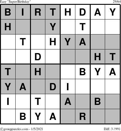 The grouppuzzles.com Easy Super-Birthday puzzle for Tuesday January 5, 2021