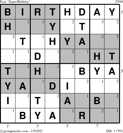 The grouppuzzles.com Easy Super-Birthday puzzle for Tuesday January 5, 2021 with all 3 steps marked