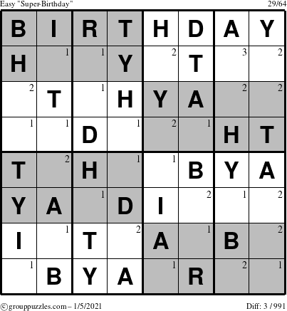 The grouppuzzles.com Easy Super-Birthday puzzle for Tuesday January 5, 2021 with the first 3 steps marked