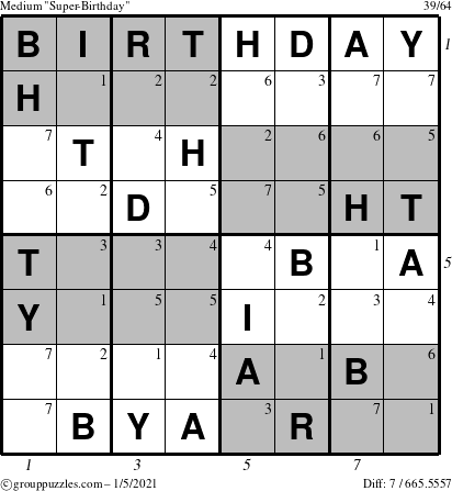 The grouppuzzles.com Medium Super-Birthday puzzle for Tuesday January 5, 2021 with all 7 steps marked