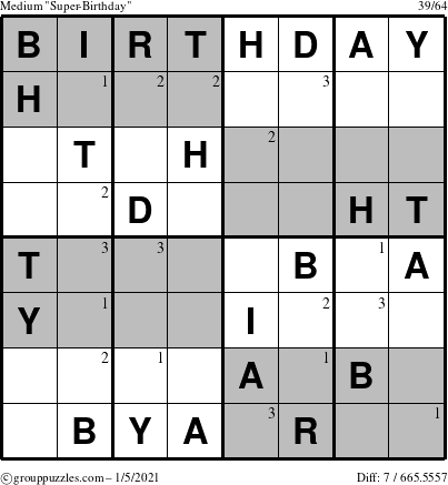 The grouppuzzles.com Medium Super-Birthday puzzle for Tuesday January 5, 2021 with the first 3 steps marked