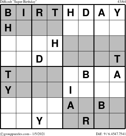 The grouppuzzles.com Difficult Super-Birthday puzzle for Tuesday January 5, 2021