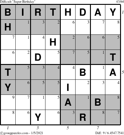 The grouppuzzles.com Difficult Super-Birthday puzzle for Tuesday January 5, 2021 with all 9 steps marked