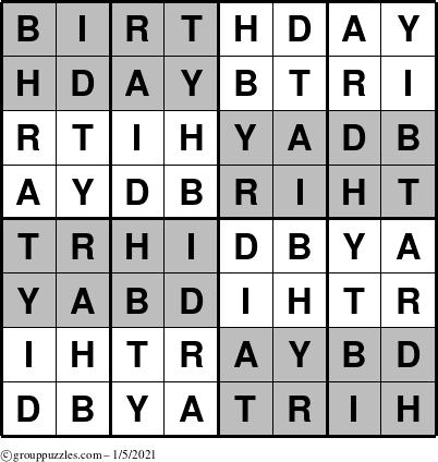 The grouppuzzles.com Answer grid for the Super-Birthday puzzle for Tuesday January 5, 2021