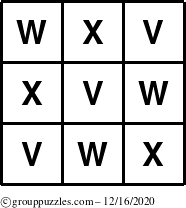 The grouppuzzles.com Answer grid for the TicTac-VWX puzzle for Wednesday December 16, 2020