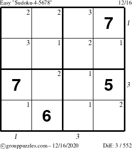 The grouppuzzles.com Easy Sudoku-4-5678 puzzle for Wednesday December 16, 2020 with all 3 steps marked