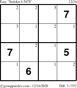 The grouppuzzles.com Easy Sudoku-4-5678 puzzle for Wednesday December 16, 2020 with the first 3 steps marked