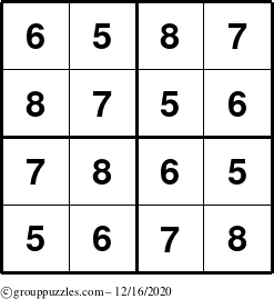 The grouppuzzles.com Answer grid for the Sudoku-4-5678 puzzle for Wednesday December 16, 2020