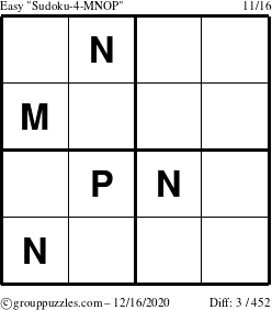 The grouppuzzles.com Easy Sudoku-4-MNOP puzzle for Wednesday December 16, 2020