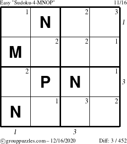 The grouppuzzles.com Easy Sudoku-4-MNOP puzzle for Wednesday December 16, 2020, suitable for printing, with all 3 steps marked