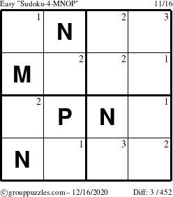 The grouppuzzles.com Easy Sudoku-4-MNOP puzzle for Wednesday December 16, 2020 with the first 3 steps marked