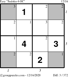 The grouppuzzles.com Easy Sudoku-4-OC puzzle for Wednesday December 16, 2020, suitable for printing, with all 3 steps marked