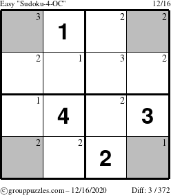 The grouppuzzles.com Easy Sudoku-4-OC puzzle for Wednesday December 16, 2020 with the first 3 steps marked