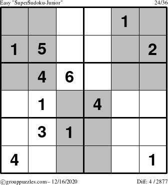 The grouppuzzles.com Easy SuperSudoku-Junior puzzle for Wednesday December 16, 2020