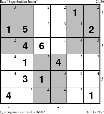 The grouppuzzles.com Easy SuperSudoku-Junior puzzle for Wednesday December 16, 2020 with all 4 steps marked