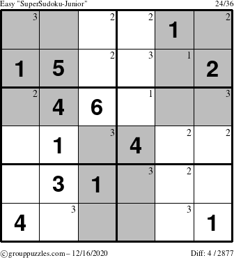 The grouppuzzles.com Easy SuperSudoku-Junior puzzle for Wednesday December 16, 2020 with the first 3 steps marked