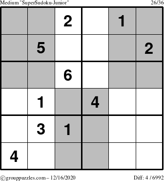 The grouppuzzles.com Medium SuperSudoku-Junior puzzle for Wednesday December 16, 2020