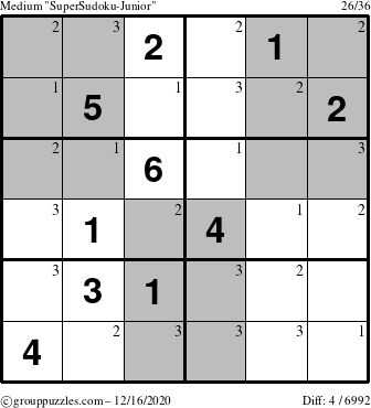 The grouppuzzles.com Medium SuperSudoku-Junior puzzle for Wednesday December 16, 2020 with the first 3 steps marked