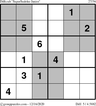 The grouppuzzles.com Difficult SuperSudoku-Junior puzzle for Wednesday December 16, 2020