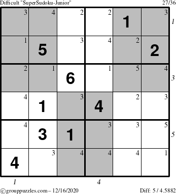 The grouppuzzles.com Difficult SuperSudoku-Junior puzzle for Wednesday December 16, 2020 with all 5 steps marked