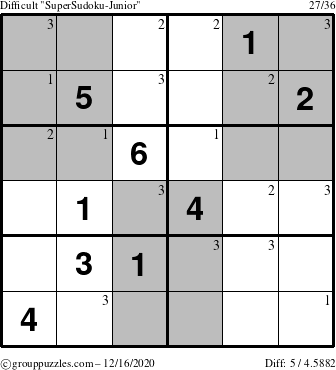 The grouppuzzles.com Difficult SuperSudoku-Junior puzzle for Wednesday December 16, 2020 with the first 3 steps marked