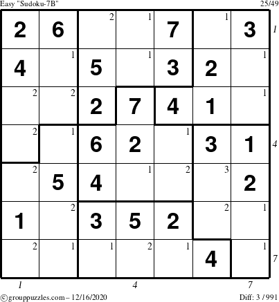 The grouppuzzles.com Easy Sudoku-7B puzzle for Wednesday December 16, 2020 with all 3 steps marked