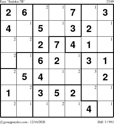 The grouppuzzles.com Easy Sudoku-7B puzzle for Wednesday December 16, 2020 with the first 3 steps marked