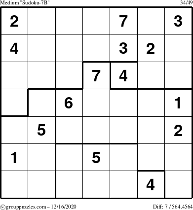 The grouppuzzles.com Medium Sudoku-7B puzzle for Wednesday December 16, 2020