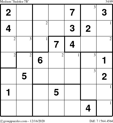 The grouppuzzles.com Medium Sudoku-7B puzzle for Wednesday December 16, 2020 with the first 3 steps marked