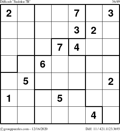 The grouppuzzles.com Difficult Sudoku-7B puzzle for Wednesday December 16, 2020