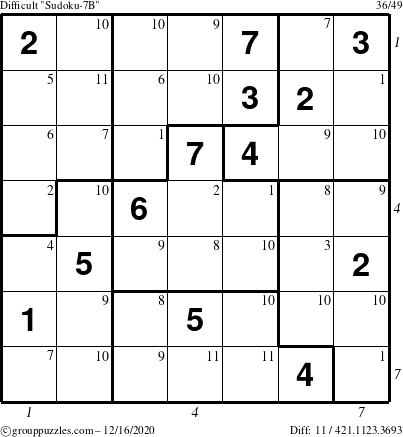 The grouppuzzles.com Difficult Sudoku-7B puzzle for Wednesday December 16, 2020 with all 11 steps marked