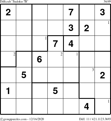 The grouppuzzles.com Difficult Sudoku-7B puzzle for Wednesday December 16, 2020 with the first 3 steps marked