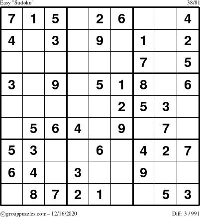 The grouppuzzles.com Easy Sudoku puzzle for Wednesday December 16, 2020