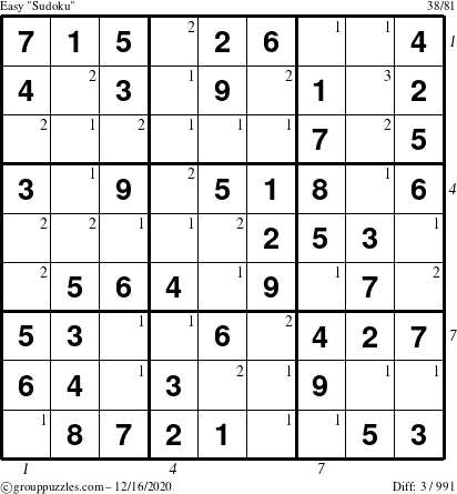 The grouppuzzles.com Easy Sudoku puzzle for Wednesday December 16, 2020 with all 3 steps marked