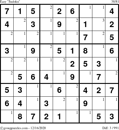 The grouppuzzles.com Easy Sudoku puzzle for Wednesday December 16, 2020 with the first 3 steps marked