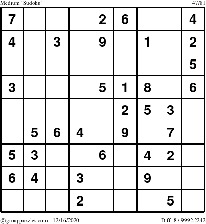 The grouppuzzles.com Medium Sudoku puzzle for Wednesday December 16, 2020