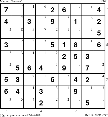 The grouppuzzles.com Medium Sudoku puzzle for Wednesday December 16, 2020, suitable for printing, with all 8 steps marked