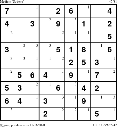 The grouppuzzles.com Medium Sudoku puzzle for Wednesday December 16, 2020 with the first 3 steps marked