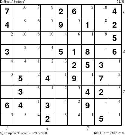 The grouppuzzles.com Difficult Sudoku puzzle for Wednesday December 16, 2020 with all 10 steps marked