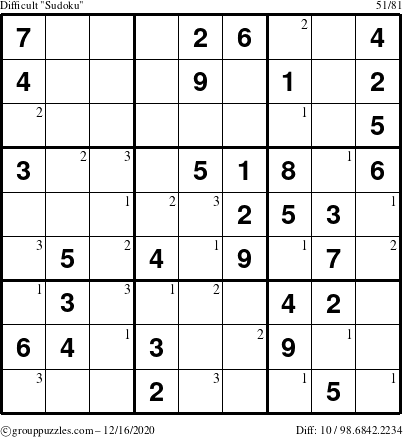 The grouppuzzles.com Difficult Sudoku puzzle for Wednesday December 16, 2020 with the first 3 steps marked