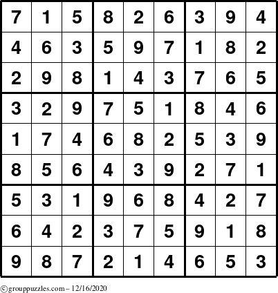 The grouppuzzles.com Answer grid for the Sudoku puzzle for Wednesday December 16, 2020